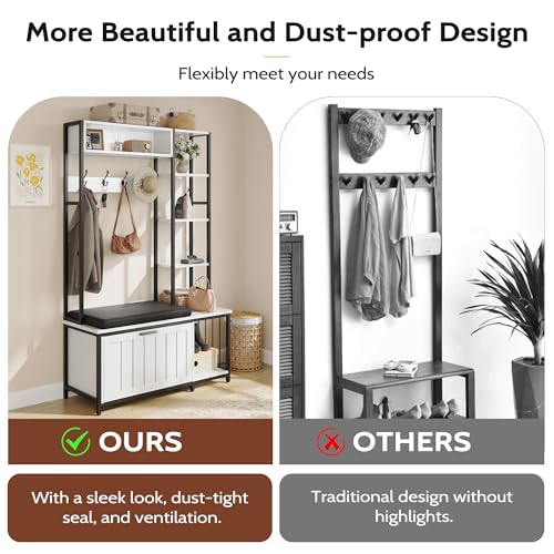 Hall Tree Coat Rack, Hall Tree With Bench and Shoe Storage Shoe With, Mud Room Storage Furniture，39.37 X 15.74 X 69.69 Inches, Rustic White - color: White