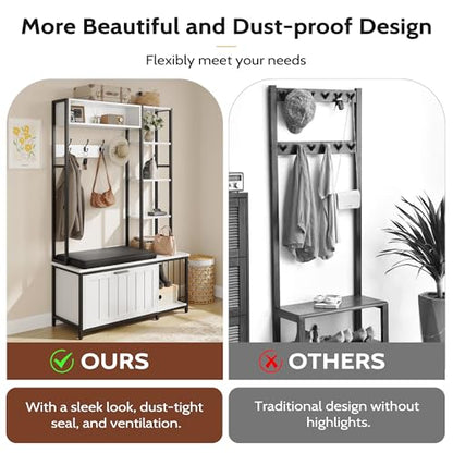 Hall Tree Coat Rack, Hall Tree With Bench and Shoe Storage Shoe With, Mud Room Storage Furniture，39.37 X 15.74 X 69.69 Inches, Rustic White - color: White