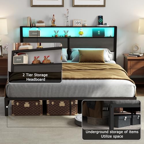 RVONOW King Size Bed Frame with 2-Tier Storage Headboard, Dark Grey | Wooden headboard with LED lights, built-in charging station, No Box Spring Needed, Noise Free, Easy Assembly, Modern Bedroom - color: Dark Grey, size: King