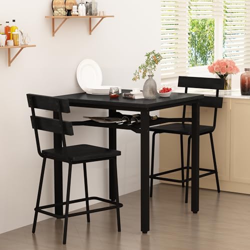 Hooseng 3 Piece Bar Table and Chairs Set, Counter Height Small Dining Table with 2 Bar Stools, Farmhouse Square Kitchen Table with Storage for Bistro, Pub, Small Space - color: Black