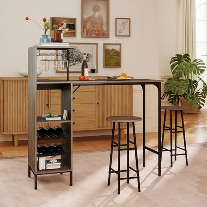 GOFLAME Bar Table Set for 2, Counter Height Dining Table Set with Shelves, Cup Holder & Wine Rack, Breakfast Table & Stools Set, 3-Piece Pub Table Set for Kitchen, Dining Room, Grey Oak - color: Grey Oak