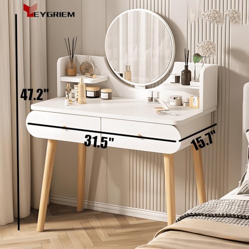 Makeup Vanity Table Set with Mirror, 2 Drawers, 2 Shelves, White | Medium Density Fiberboard, Modern Design, 31.5"L x 15.7"W x 47.2"H, No Stool Included - color: White
