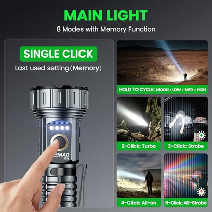 Yemao 2000 Lumen EDC Flashlight Small Rechargeable Flashlight with Memory,Multi-Color Light (Warm Yellow/Red/Green/Blue/UV) with 5 Buttons,Ideal for Home,Outdoor,Emergency Use