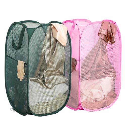 Pop Up Laundry Hamper Thick Mesh Collapsible Laundry Baskets, Large Side Pocket, Strong Handles, Travel Friendly for Cruise, RV (Green+Pink) - color: Green+Pink
