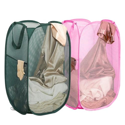 Pop Up Laundry Hamper Thick Mesh Collapsible Laundry Baskets, Large Side Pocket, Strong Handles, Travel Friendly for Cruise, RV (Green+Pink) - color: Green+Pink