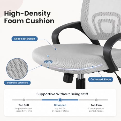 DUMOS Ergonomic Home Office Chair, Executive Mesh Desk Chair | Height Adjustable, Lumbar Support, Breathable Mid Backrest, Fixed Armrest, Rolling Wheels, Computer Gaming, Meeting, Gray - color: Grey