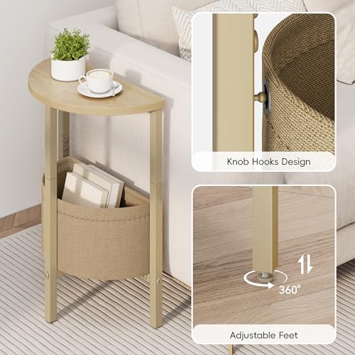 Small Round Side Table End Table, Tall Accent Table with Storage Basket, Set of 2 Half Round Tables Half Moon Tables, Coffee Bedside Tables, Modern Nightstand for Living Room Bedroom,Natural - color: Natural Walnut