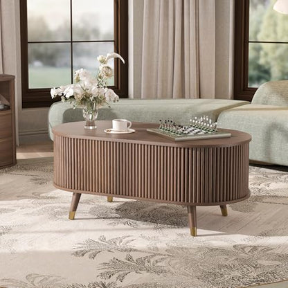 SULIVES Oval Coffee Table with Storage, Multifunctional Lift Top Drum Coffee Table, Small Fluted Center Table for Living Room, Walnut - color: Walnut_oval