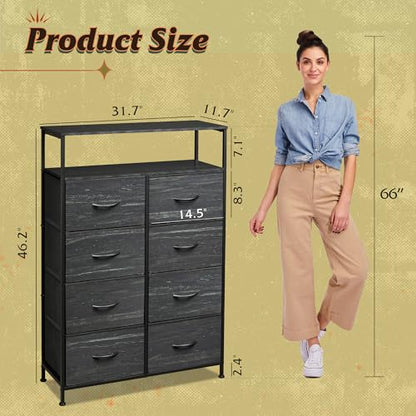 WLIVE 8 Drawer Fabric Dresser Open Shelves, Tall Bedroom Chest, Charcoal | 8 fabric drawers plus open shelves, steel frame with wood top, great for bedroom closet entryway and dorm storage - color: Charcoal Black Wood Grain Print, style: Raised Shelves