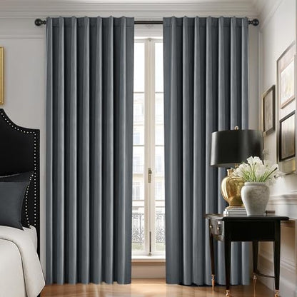 Deconovo Total Blackout Velvet Curtains 108 Inch for Bedroom & Living Room, Thermal Insulated Light Blocking Drapes with Hidden Tabs & Back Loops, Tiebacks Included, 50 x 108 Inch, Grey, 2 Panels - color: Velvet Total Blackout - Grey, size: 50"W x 108"L (