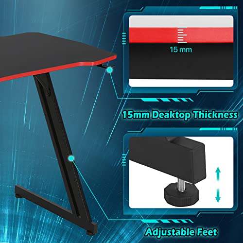 47 inch Gaming Z-Shaped Computer Desk PC Computer Table Home Office Desk Ergonomic Gamer Workstation with Headphone Hook, Red - color: Red, size: 47 Inch