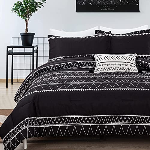 WONGS BEDDING Black Comforter Set Queen Reversible Boho Triangle Striped Down Alternative Comforter Set for Queen Bed - 3 Pieces (1 Comforter + 2 Pillowcases), Soft Microfiber Bedding Set 90"x 90" - color: Black, size: Queen