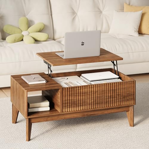 Fluted Coffee Table with Storage, Oval Lift Top Modern Rectangle Table for Living Room