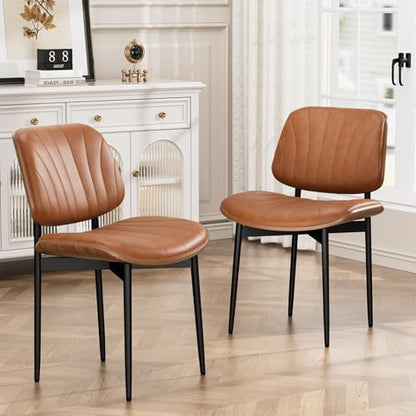 YaFiti Mid Century Dining Chairs Set of 2 with Walnut Bentwood, Light Tan | Ergonomic Walnut Backrest, Upholstered Waterproof PU Leather Seat, Stable Metal Legs, Adjustable Footpads, Apartment Friendly - color: Light Tan Scallop