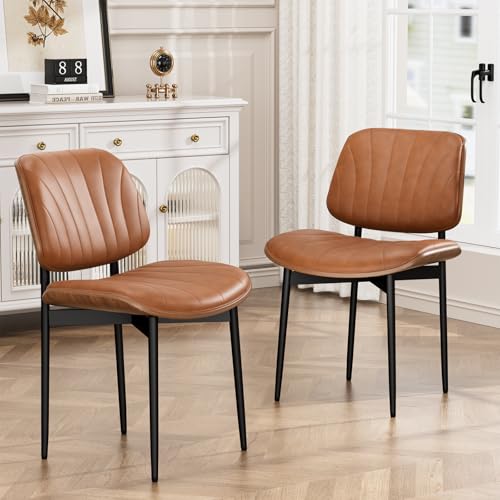 YaFiti Mid Century Dining Chairs Set of 2 with Walnut Bentwood, Light Tan | Ergonomic Walnut Backrest, Upholstered Waterproof PU Leather Seat, Stable Metal Legs, Adjustable Footpads, Apartment Friendly - color: Light Tan Scallop