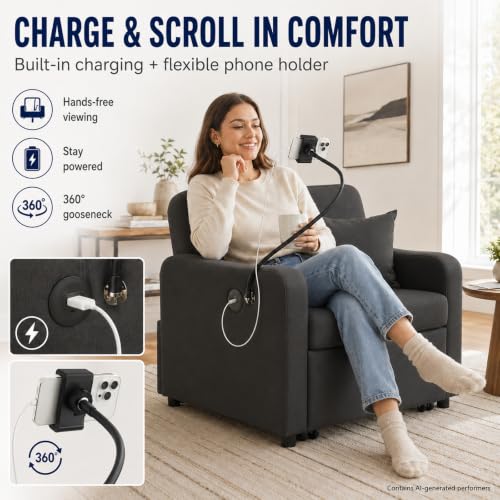 Majnesvon Convertible Chair Bed 3 in 1, Sofa Bed Chair (Black-1) | with Adjustable Backrest & Charging Station, Small Space One Person Couch for Apartment, Office, Living Room, Bedroom - color: Black-1