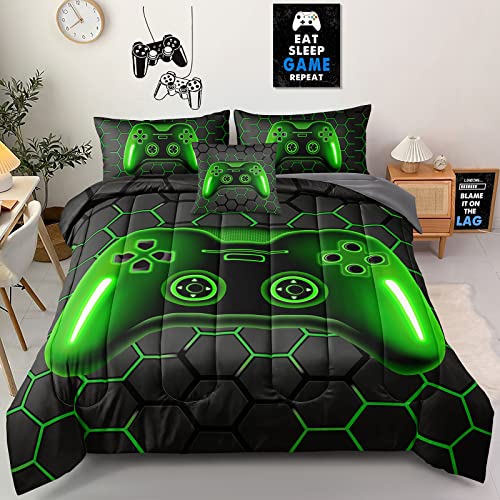 6 Pieces Gaming Bedding Set Queen Size for Boys Gamer Comforter Set for Boys Girls Kids Teens 6 Piece Bed in A Bag Video Game Bedding for Gamer Room Decorative Queen47 - color: Green, size: Queen