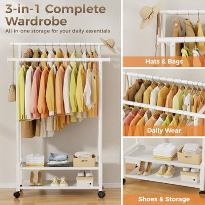 Double Rod Clothing Rack with 2 Shelves, Rolling, White | All tools included, metal frame, 4 casters with 2 locking, for bedroom, laundry, and entryway - color: White
