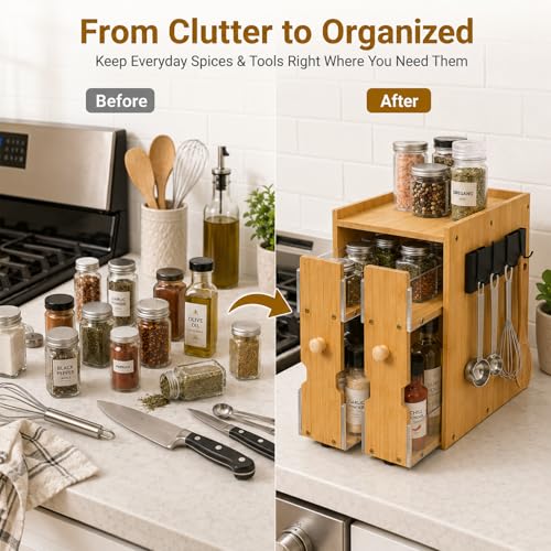 Pull Out Spice Rack Organizer for Cabinet or Countertop, Bamboo | 2-tier bamboo spice organizer with dual pull-out shelves for cabinets, countertops, pantries and coffee bars
