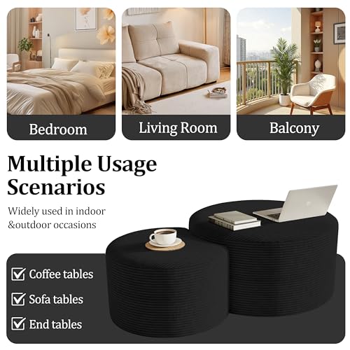 Round Nesting Coffee Table Set of 2,Upholstered Foam Ottoman Footrest Side Table Set,Modern Flannel Circle Coffee Table No Assembly for Living Room Entryway Bedroom,Black - color: Black