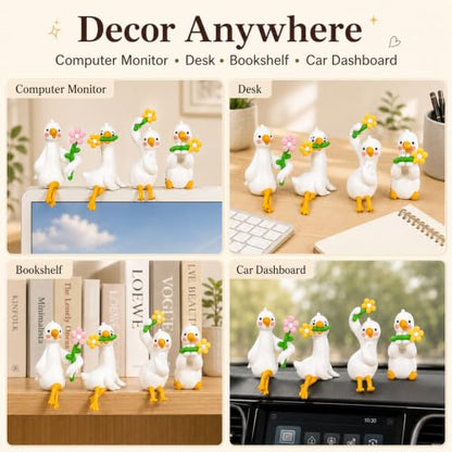 4Pcs Mini Resin Goose Figurines Set, Cute Desk Pets with Cable Holder | Computer Monitor Hanging Animals, Small Goose for Monitor, Bookshelf, Car Dashboard, Photo Frame, Goose Gifts for Coworkers