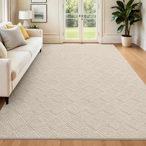 U'Artlines 8x10 Beige Washable Area Rug for Living Room | Soft Fluffy, High Low Textured Carpet, Modern Neutral, Geometric, Non Slip Rugs for Bedroom, Dining Room, Kids Room - size: 8 x 10ft