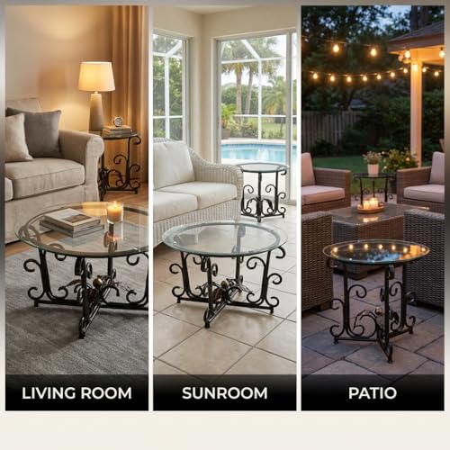 Glass Coffee Table Set of 3 — 31.5" Round Nesting Coffee Table with 2 End Tables, Tempered Glass Top & Wrought Iron Scroll Frame for Living Room, Apartment, Patio, Sunroom