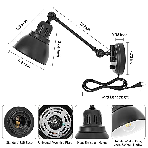 GOODATE Plug in Wall Sconces, Wall Sconce Lighting with Dimmable On Off Switch, Swing Arm Wall Lamp, Black Metal Industrial Wall Light Fixtures, Safety E26 Base, 6FT Plug in Cord - size: Black-1 PACK
