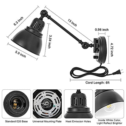 GOODATE Plug in Wall Sconces Set of 2, ENCOMLI Wall Sconce Lighting with Dimmable On Off Switch, Swing Arm Wall Lamp, Black Metal Industrial Wall Light Fixtures, Safety E26 Base, 6FT Plug in Cord - size: Black-2 PACK