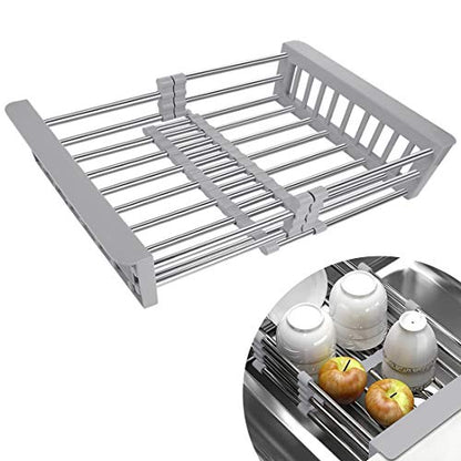 LUEXBOX Expandable Dish Drying Rack Over The Sink, Stainless Steel Drainer Basket with Adjustable Arms for Vegetable and Fruit (Grey) - color: Gray