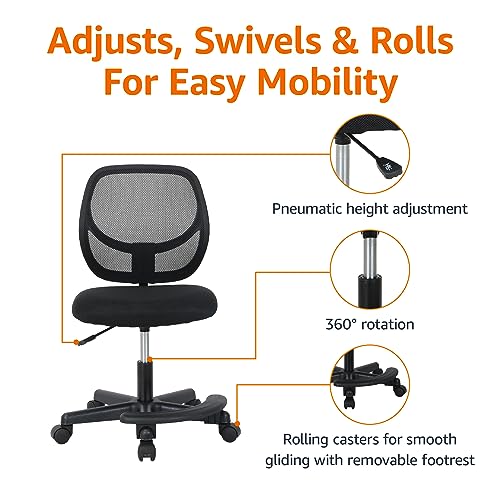 Amazon Basics Kids Adjustable Height Mesh Low-Back Swivel Desk Chair with Footrest, Rolling Chair with Casters for Smooth Mobility, Black - color: Black