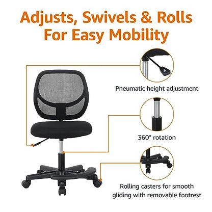 Amazon Basics Kids Adjustable Height Mesh Low-Back Swivel Desk Chair with Footrest, Rolling Chair with Casters for Smooth Mobility, Black - color: Black
