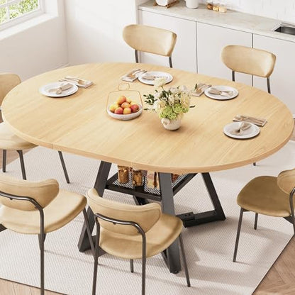 Extendable Dining Table for 4-8, Round Extendable Dining Room Table with Removable Leaf & Storage Shelf, Expandable Oval Kitchen Table with Pedestal Base, Modern Industrial Space Saving (Natural) - color: Natural