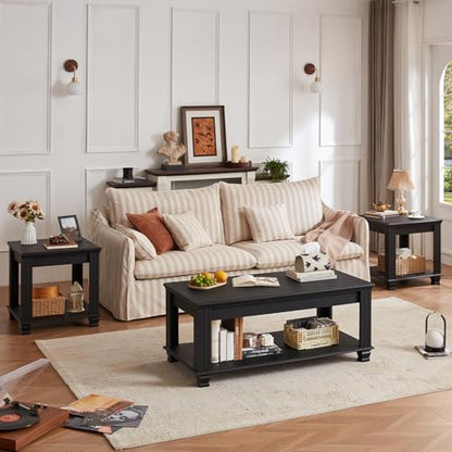 Farmhouse Coffee Table Set of 3, Black | Rustic Wood 3 Piece Coffee and End Table Sets with Open Shelf for Living Room - color: Black