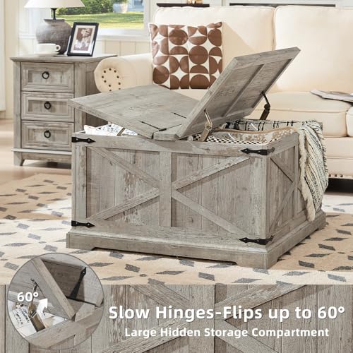 Joaxswe Farmhouse Coffee Table with Large Hidden Storage Compartment, Light Oak Square Center Table, Wood Rustic Low Modern Living Room Tables with Hinged Lift Brown Top & Wooden Arc Base - color: Light Oak, style: With Base
