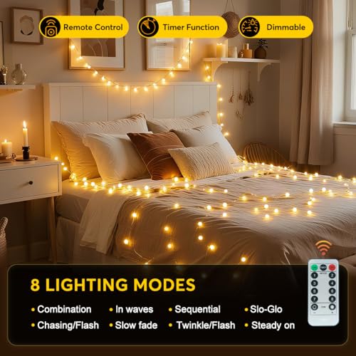 RaThun 65.6ft Globe String Lights with Remote for Indoor Bedroom Warm White | 150 LED Fairy Lights with Timer, 8 Modes, 16ft Extended Lead, Linkable for Bedroom,Dorm,Classroom,Christmas,Indoor Decor - size: 65.6ft Warm White Plug In String Lights