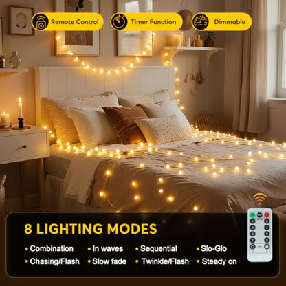 RaThun Globe String Lights Plug in 116 Ft. 200 LED 8 Modes with Remote,Waterproof Fairy String Lights for Indoor Outdoor Bedroom Party Wedding Garden Christmas Tree Decor,Warm White | 200 LED Fairy Lights with Timer, 8 Modes, 16ft Extended Lead, Plug in f