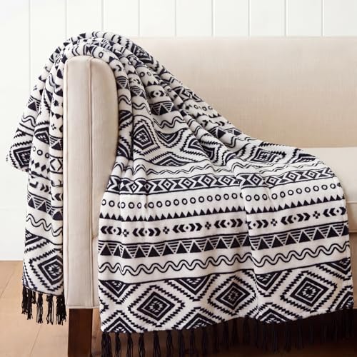 Boho Tassel Throw Blanket-Farmhouse Western Flannel Bohemian Blanket | Vintage Native Mexican Decorative Throw, Ideal for Gifting, For Bed Sofa, 50x60in, Black and White - color: Black and White, size: 50X60