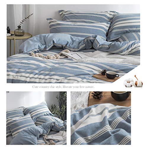 BISELINA Bedding Duvet Cover Set 100% Washed Cotton Linen Like Textured Yarn Dyed Horizontal Stripes Reversible Breathable Soft Comfy Chic Bedding (Twin, Button Closure Blue) - color: Button Closure - Blue, size: Twin