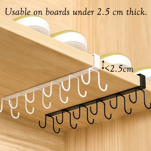 2 Pack Under Cabinet Hook Rack, 12-Hook Double Row Metal Hanging Organizer for Kitchen Utensils, Mugs, Closet Accessories, No Drill Shelf Hanger – Black & White