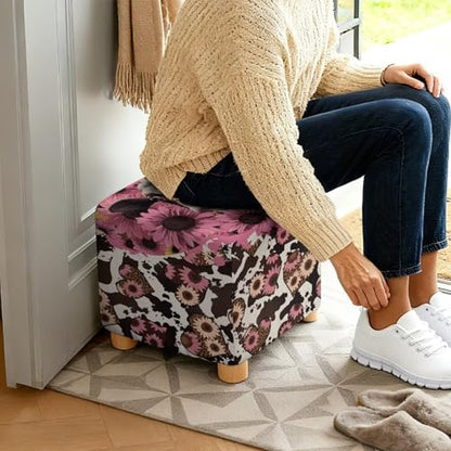 Pink Cow Daisy Print Stretch Ottoman Cover Square Fit 13x13x15 inch Easy to Install Footrest Sofa Slipcovers Stool Cover Footstool Protector Covers - color: Pink Cow Daisy