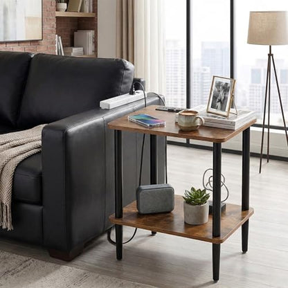 FORAOFUR End Table with Charge Station, Small End Tables Living Room, Nightstand with 2 Tier Storage Shelves for Small Spaces, Living Room, Bedroom, Sofa End Table Rustic Brown - color: Rustic Brown
