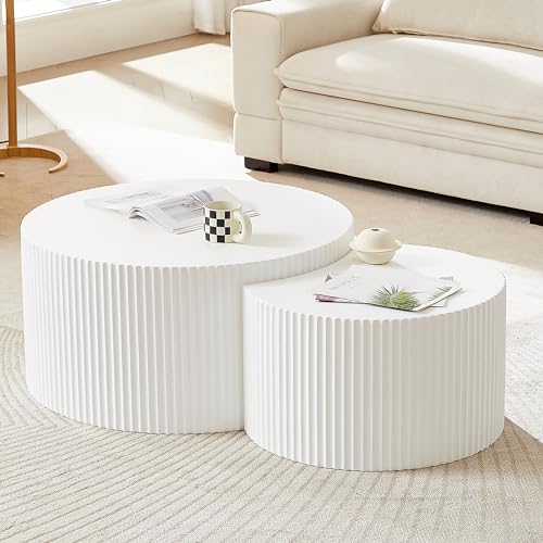JUSTONE Set of 2 Nesting Side Table,Modern Round Wood Accent Side End Table for Living Room Bedroom and Entryway, Apartment,Nesting Tables for Small Spaces No Assembling (Matte White) - color: Round-white