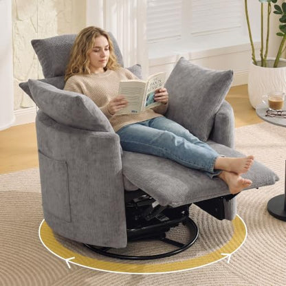 Manual Recliner Chair，Swivel Glider Rocking Chair Nursery, Light Grey | Barrel Nursery Glider Recliner with 2 Side Pockets, Adjustable Headrest, 30° Silent Rocking, 2 Pillows for Living Room - color: Light Grey, size: Manual