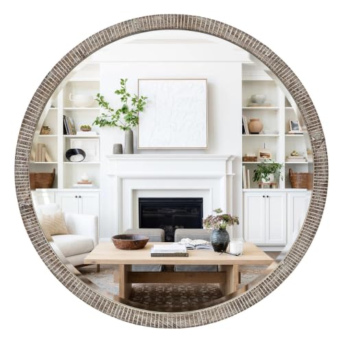 35" Round Wood Mirror, Large Wooden Wall Mirror, White Washed | Rustic Round Mirror for Wall Decor, Beleved Wall Mounted Mirror, Circle Farmhouse Wooded Mirror for Entryway, Living Room - color: Washed White, size: 35"L x 35"W