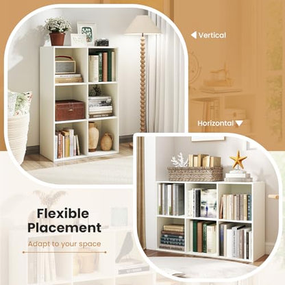 Giantex 6-Cube Bookcase, 3-Tier Cubby Bookshelf, Horizontal Vertical Display Rack with Anti-Tipping Kits, Modern Storage Organizer Shelf Unit for Bedroom, Living Room, Study Room, White | Horizontal Vertical Display Rack with Anti-Tipping Kits, Modern Sto