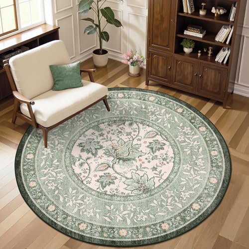 GarveeHome Sage Green Botanical Grove 4ft Round Rug, Small Circle Vintage Cottagecore Soft Low-Pile Non-Slip Washable Rugs for Living Room Bedroom Nursery Kitchen Retro Carpet - color: Sage Grove, size: 4 ft (Round)