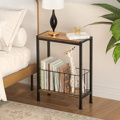 Narrow Side Table, Skinny End Tables with Magazine Holder, Small Sofa Table for Small Spaces, Space-Saving Design, Slim Nightstand Bedside Table for Living Room, Bedroom, Office, Rustic Brown - color: Rustic Brown