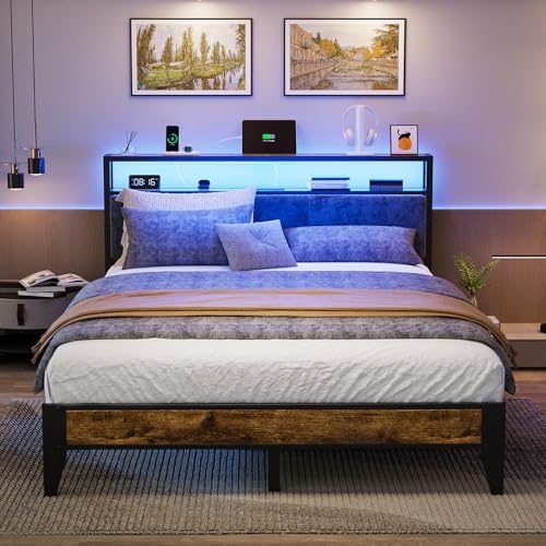 OLEVS Queen Size Bed Frame with Charging Station & LED Light, 2-Tier Storage Headboard & Footboard, Noise-Free Metal Platform Bed No Box Spring Needed, Easy Assembly - size: Queen