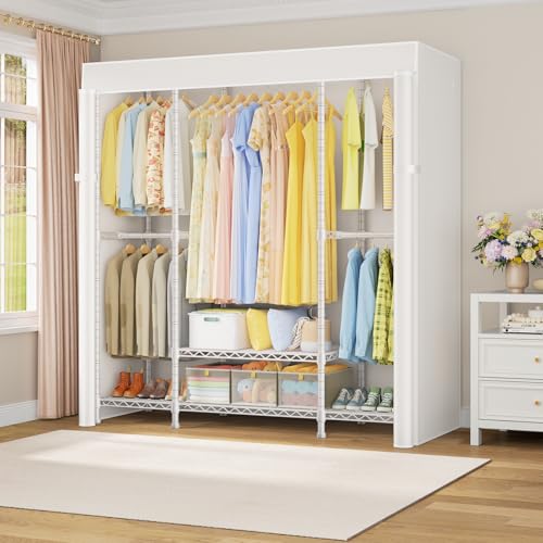 E3C White Clothes Rack with Beige Cover, Heavy Duty Garment Rack | Freestanding Metal Closet System Storage Organizer for Clothing, Clothing Rack Holds up to 850 lbs, 59.5"W x 16.5"D x 77.4"H - color: White Rack with Beige Cover